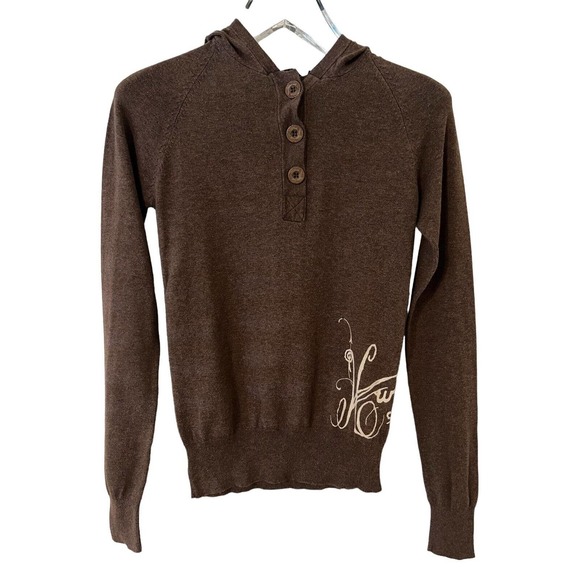 Hurley Sweaters - Hurley Y2K Brown Hooded 1/4 Button Pullover Side Logo Ribbed Sweater - Medium
